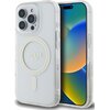 Przezroczyste etui na telefon z widocznym napisem "GUESS EST. 1981" oraz okrągłym wzorem na środku. Etui jest dopasowane do modelu telefonu z trzema obiektywami aparatu i kolorowym ekranem.