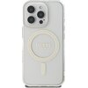 Przezroczyste etui na telefon z widocznym napisem "GUESS EST. 1981" wewnątrz błyszczącego okręgu. Etui posiada wycięcia na aparat i przyciski, a jego powierzchnia jest gładka z delikatnym połyskiem.
