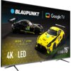 Telewizor z wyświetlonym obrazem dwóch samochodów wyścigowych na torze, z logo "BLAUPUNKT" i "Google TV" u góry. Na ekranie widoczne są napisy: "IRON LYNX MOTORSPORT LAB", "4K", "LED", "UGC5500", oraz "75"".