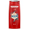 Czerwony pojemnik z żelem pod prysznic, na którym widnieje napis "Old Spice Deep Sea" oraz "3 in 1". Dodatkowe teksty to "LONG LASTING FRESHNESS", "PERFUME QUALITY SCENT", "WITH SEA BREEZE SCENT", a także "BODY - HAIR - FACE WASH".