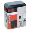 Opakowanie produktu "Skrzynka na klucze BLACK&DECKER BXCHMS7012" z widocznym logo BLACK+DECKER na czarnym tle. Na opakowaniu znajdują się informacje o wymiarach 16x20x7,5 cm oraz ilustracje przedstawiające skrzynkę na klucze zamontowaną na ścianie.