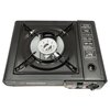 Czarna walizka z tworzywa sztucznego z wytłoczonym napisem "Portable Gas Stove" na środku. Walizka posiada uchwyt na górze oraz dwa czerwone zatrzaski.