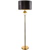 Czarna lampa podłogowa z okrągłym abażurem, złotą podstawą i dekoracyjną kulą pod abażurem. Produkt ma elegancki, nowoczesny design.