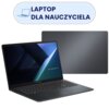 Na zdjęciu widoczny jest laptop z napisem na ekranie "ASUS ExpertBook" oraz jego zamknięta pokrywa z delikatnym wzorem. Nad laptopem znajduje się napis "LAPTOP DLA NAUCZYCIELA" w niebieskim polu z ikoną laptopa.