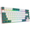 Na zdjęciu znajduje się klawiatura z kolorowym podświetleniem RGB, z białymi i zielonymi klawiszami, na których widoczne są oznaczenia takie jak "Esc", "F1", "F2", "Tab", "CapsLk", "Shift", "Ctrl", "Win", "Alt". Klawisze mają różne kolory podświetlenia, a