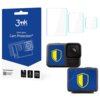 Opakowanie produktu "3mk Protection" z napisem "hybrid glass Cam Protection™" oraz ilustracją kamery, obok widoczne są trzy przezroczyste osłony i kamera z niebiesko-żółtą tarczą na ekranie. Na dole opakowania znajdują się ikony z napisami: "unbreakable",