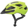Żółty kask rowerowy z czarnymi elementami i otworami wentylacyjnymi, z logo "ABUS" na boku. Kask posiada regulowany pasek pod brodą.
