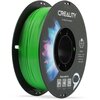 Zdjęcie przedstawia zielony filament do drukarki 3D nawinięty na czarną szpulę z napisem "CREALITY 3D PRINTER FILAMENT". Na etykiecie widnieją informacje: "CR-TPU", "Diameter: 1.75MM", "Net Weight: 1KG", "Extruder Temp: 210°C-240°C", a także dwa kody QR z