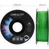 Czarna szpula filamentu z napisem "CREALITY 3D PRINTER FILAMENT" oraz kolorowym wzorem przypominającym galaktykę. Na etykiecie widnieje tekst: "CR-TPU, Diameter: 1.75MM, Net Weight: 1KG, Extruder Temp: 210°C-240°C" oraz ikony z kodami QR i rysunkiem posta