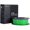 Pudełko z napisem "CREALITY CR Series 3D Printing Filaments" stoi obok szpuli zielonego filamentu. Na pudełku widnieje również tekst "SHENZHEN CREALITY 3D TECHNOLOGY CO., LTD." oraz "MADE IN CHINA".