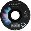 Czarna szpula filamentu do drukarki 3D z kolorowym wzorem przypominającym mgławicę. Na szpuli widnieje tekst: "CREALITY 3D PRINTER FILAMENT", "CR-TPU", "Diameter: 1.75MM", "Net Weight: 1KG", "Extruder Temp: 210°C-240°C", oraz "Share with Us" z kodami QR i