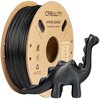 Na zdjęciu widoczna jest szpula czarnego filamentu z napisem "CREALITY HYPER SERIES 3D PRINTER FILAMENT" oraz symbolem recyklingu. Obok szpuli znajduje się czarna figurka przypominająca dinozaura.