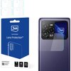 Opakowanie produktu "3mk hybrid glass Lens Protection" w kolorze niebieskim z białymi napisami, obok znajduje się smartfon z nałożonym szkłem ochronnym na obiektyw aparatu. Na opakowaniu widnieje napis "4 pcs." oraz "200% stronger".