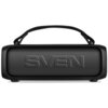 Czarny głośnik mobilny z widocznym logo "SVEN" na przedniej kratce, wyposażony w uchwyt z plecionego materiału. Produkt ma zaokrąglone krawędzie i kompaktowy design.