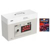 Pudełko z kontrolerem 8BitDo Arcade Stick, na którym widoczny jest rysunek kontrolera z czerwonymi przyciskami i joystickiem, oraz tekst "8BitDo Arcade Stick" i "2.4g". Obok znajduje się okładka gry Truxton Steam z kolorową grafiką przedstawiającą futurys
