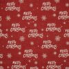 Czerwone tło z białym napisem "Merry Christmas" powtarzającym się wielokrotnie, otoczonym białymi płatkami śniegu i kropkami. Wzór jest równomiernie rozmieszczony na całej powierzchni.