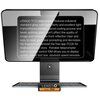 Na zdjęciu widoczny jest teleprompter z dużym ekranem, na którym wyświetlany jest tekst: "LENSGO TC12 teleprompter features industrial standard glass with high clarity and excellent light transmittance Adopts special coating process and beam splitting gla