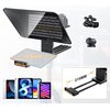 Na zdjęciu znajduje się teleprompter LENSGO TC12 z widocznym tekstem: "LENSGO TC12 teleprompter features industrial standard glass with high clarity and excellent light transmittance Adopts special coating process and beam splitting glass, won't affect th