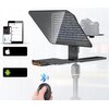 Na zdjęciu znajduje się teleprompter LENSGO TC12 zamontowany na statywie, z widocznym tekstem na ekranie: "LENSGO TC12 teleprom standard glass with high transmittance Adopts spec beam splitting glass, won't image and making the front to easy to read, give