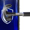Na zdjęciu widoczny jest fragment telefonu z nałożonym szkłem hybrydowym, na ekranie którego znajduje się niebieski wzór z białą tarczą. Obok telefonu znajduje się narzędzie z logo "3MK", które sugeruje test wytrzymałości szkła.