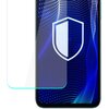 Na zdjęciu widoczny jest telefon z nałożonym szkłem ochronnym, na ekranie którego znajduje się grafika przedstawiająca tarczę. Tło ekranu telefonu ma wzór z niebieskimi i białymi falami oraz kropkami.