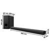 Na zdjęciu znajduje się czarny soundbar oraz bezprzewodowy subwoofer. Obok produktów widoczne są wymiary: subwoofer ma 187 mm szerokości, 409 mm głębokości i 407 mm wysokości, a soundbar ma 1015 mm szerokości, 112 mm głębokości i 63 mm wysokości.