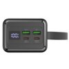 Czarny powerbank z wyświetlaczem pokazującym "100%", posiada dwa zielone porty oznaczone jako OUT2 i OUT1 oraz dwa czerwone porty oznaczone jako OUT Type-C2 i IN/OUT Type-C1. Produkt ma czarną obudowę z metalicznymi krawędziami i pasek do przenoszenia.