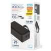 Opakowanie powerbanku o pojemności 40000 mAh, z napisem "Li-Polymer Power Bank 40000 mAh 3,7V Camping Power Pro", zawiera informacje o funkcjach takich jak "3 in 1", "65W PD Power Bank", "flashlight up to 250 hours", oraz "148 Wh Total Capacity". Widoczne