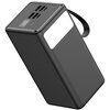 Czarny powerbank z widocznym wyświetlaczem cyfrowym pokazującym poziom naładowania oraz kilkoma portami USB na górnej powierzchni. Urządzenie ma prostokątny kształt z zaokrąglonymi krawędziami i uchwyt do przenoszenia.