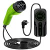 Na zdjęciu znajduje się zielona ładowarka do samochodu elektrycznego z czarnym przewodem i wtyczką, obok której widoczny jest czarny panel z napisem "Qoltec EV CHARGER". Na panelu znajdują się przyciski oznaczone literami "A" oraz symbolem zasilania.