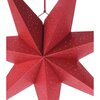 Czerwona, papierowa gwiazda o wymiarach 60 cm z perforowanymi otworami, zawieszona na sznurku. Produkt to "Zawieszka CHRISTMAS DECORATION Gwiazda 60 cm Czerwony".