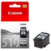 Na zdjęciu widoczny jest czarny tusz do drukarki w opakowaniu z napisem "Canon PIXMA 510 Black PG-510" oraz sam wkład tuszu z etykietą "Canon 510 Black PG-510". Opakowanie ma czerwono-białą kolorystykę z dużym logo "Canon" na górze.