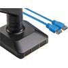 Czarny uchwyt do monitora z dwoma niebieskimi kablami USB, zakończonymi wtykami, widoczny na tle. Na podstawie uchwytu znajdują się dwa prostokątne przyciski.
