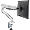 Biały uchwyt do monitora marki ULTRADESK, zamontowany na krawędzi blatu, trzyma czarny monitor. Na ramieniu uchwytu widoczne jest logo "ULTRADESK".