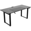Czarne biurko gamingowe z prostokątnym blatem i solidnymi nogami, na blacie widoczna jest podkładka oraz logo "ULTRADESK". Na krawędzi biurka znajduje się panel sterujący z przyciskami.