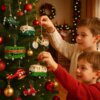 Na zdjęciu widać choinkę ozdobioną różnorodnymi bombkami w kształcie pojazdów, w tym autobusu z napisem "Merry Xmas", roweru, helikoptera, skutera i kampera. W tle znajdują się świąteczne dekoracje, takie jak wieńce i światełka.