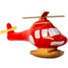 Czerwona bombka w kształcie helikoptera z białymi oknami i złotymi elementami, takimi jak śmigło i podwozie. Produkt ma błyszczącą powierzchnię i jest przeznaczony do dekoracji świątecznych.