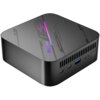 Czarny, kompaktowy komputer z widocznym logo "Blackview" na górnej powierzchni, ozdobiony fioletowym wzorem. Na przedniej ściance znajdują się porty USB, przycisk zasilania oraz otwory wentylacyjne.