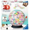 Opakowanie przedstawia produkt "3D Puzzle Original Squishmallows" z kolorową kulą złożoną z elementów przedstawiających różne postacie. Na opakowaniu widnieje logo "Ravensburger" oraz napis "Stabil - ohne Klebstoff" i "12,9 cm / 5.1 in".