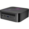 Czarny komputer o kompaktowej obudowie z widocznymi portami USB, przyciskiem zasilania i otworami wentylacyjnymi. Na górnej powierzchni znajduje się logo "Blackview" oraz wzór z fioletowym akcentem.