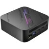 Czarny, kompaktowy komputer z widocznymi portami USB, HDMI i Ethernet na boku. Na górnej powierzchni znajduje się napis "Blackview" oraz "MADE BY BLACKVIEW" z fioletowym akcentem graficznym.