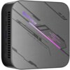 Kwadratowy komputer w kolorze szarym z zaokrąglonymi rogami, ozdobiony geometrycznymi wzorami i fioletowym napisem "Blackview". Na powierzchni widoczny jest również napis "MADE BY BLACKVIEW".