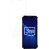 Na zdjęciu widoczne jest szkło hybrydowe 3MK FlexibleGlass Lite oraz smartfon z wyświetlaczem, na którym znajduje się logo "3mk". Szkło jest przezroczyste i ma wycięcie na górze, a ekran telefonu pokazuje niebieskie tło z białym logo.