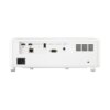 Biały projektor z widocznymi portami i złączami, w tym HDMI, USB, LAN oraz RS-232. Na obudowie znajdują się napisy: "HDMI", "LASER", "RS-232" oraz "LAN".
