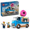 Pudełko zestawu LEGO City z numerem 60452 przedstawia mobilną pączkarnię z dużym różowym pączkiem na dachu, a obok znajduje się złożony model ciężarówki oraz dwie figurki trzymające pączki i kubki. Na pudełku widnieje logo LEGO, napis "City", oznaczenie w