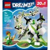 Na zdjęciu znajduje się opakowanie zestawu LEGO z serii DREAMZzz, przedstawiające różne modele robotów i pojazdów z klocków. Widoczny jest napis: "LEGO DREAMZzz 20 IN 1, 7+, 71487, Z-Blob's Robot and Vehicle Adventures, 121 pcs", a także postać z klocków 