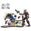 Zestaw LEGO przedstawia dynamiczną scenę z bitwy, w której znajdują się różne postacie i pojazdy. W lewym górnym rogu widnieje symbol tortu z liczbą "10+" oraz symbol klocka z liczbą "736".