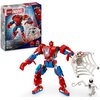 Zestaw LEGO przedstawia czerwono-niebieskiego mecha z białą pajęczyną oraz małą, białą figurkę z czarnymi detalami. W tle widoczne jest pudełko z grafiką mecha i napisami: "LEGO", "MARVEL", "Spider-Man", "76308", "Spider-Man vs. Anti-Venom", "107 PCS".