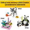 Na zdjęciu widoczne są trzy zestawy LEGO Creator, każdy z nich przedstawia inny model: szary kot z numerem 31163, różowa maszyna do pisania z kwiatami z numerem 31169 oraz dwa pandy z numerem 31165. Na górze zdjęcia znajduje się napis: "Odkryj inne zestaw
