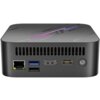 Czarny komputer z widocznymi portami: Ethernet, dwa USB, DisplayPort, HDMI oraz przyciskiem zasilania. Na górnej powierzchni znajduje się logo "Blackview" oraz subtelne wzory graficzne.